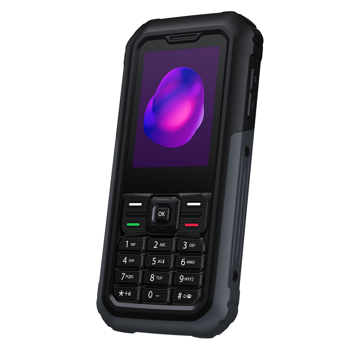 TCL Onetouch 5044 sort robust 4G-mobil med fysiske knapper, lille farveskærm med lilla abstrakt motiv, set fra højre.
