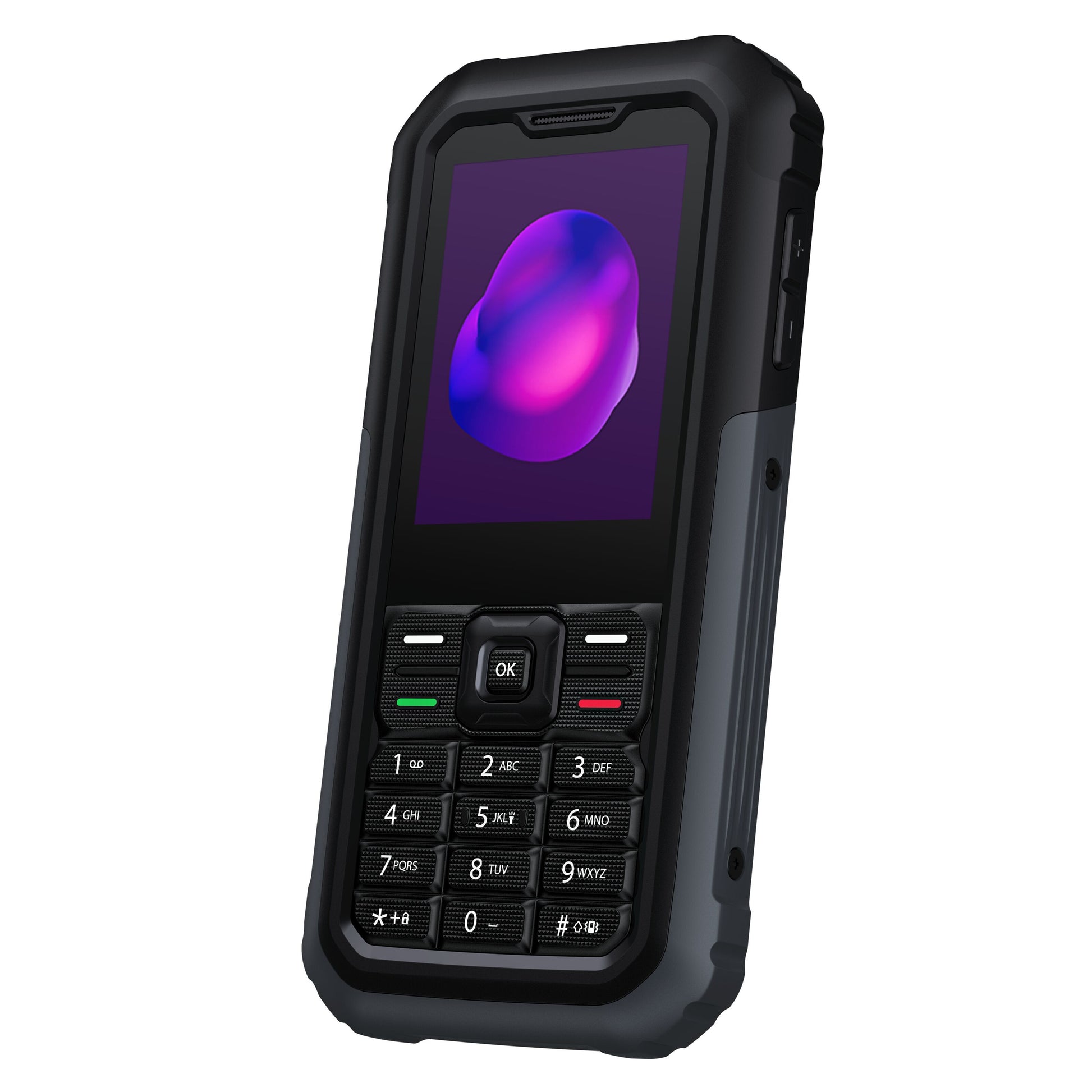 TCL Onetouch 5044 sort robust 4G-mobil med fysiske knapper, lille farveskærm med lilla abstrakt motiv, set fra højre.