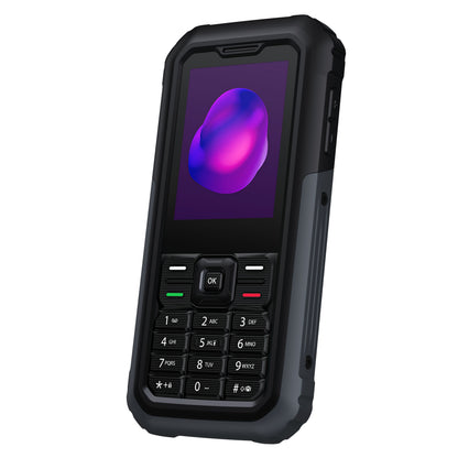TCL Onetouch 5044 sort robust 4G-mobil med fysiske knapper, lille farveskærm med lilla abstrakt motiv, set fra højre.
