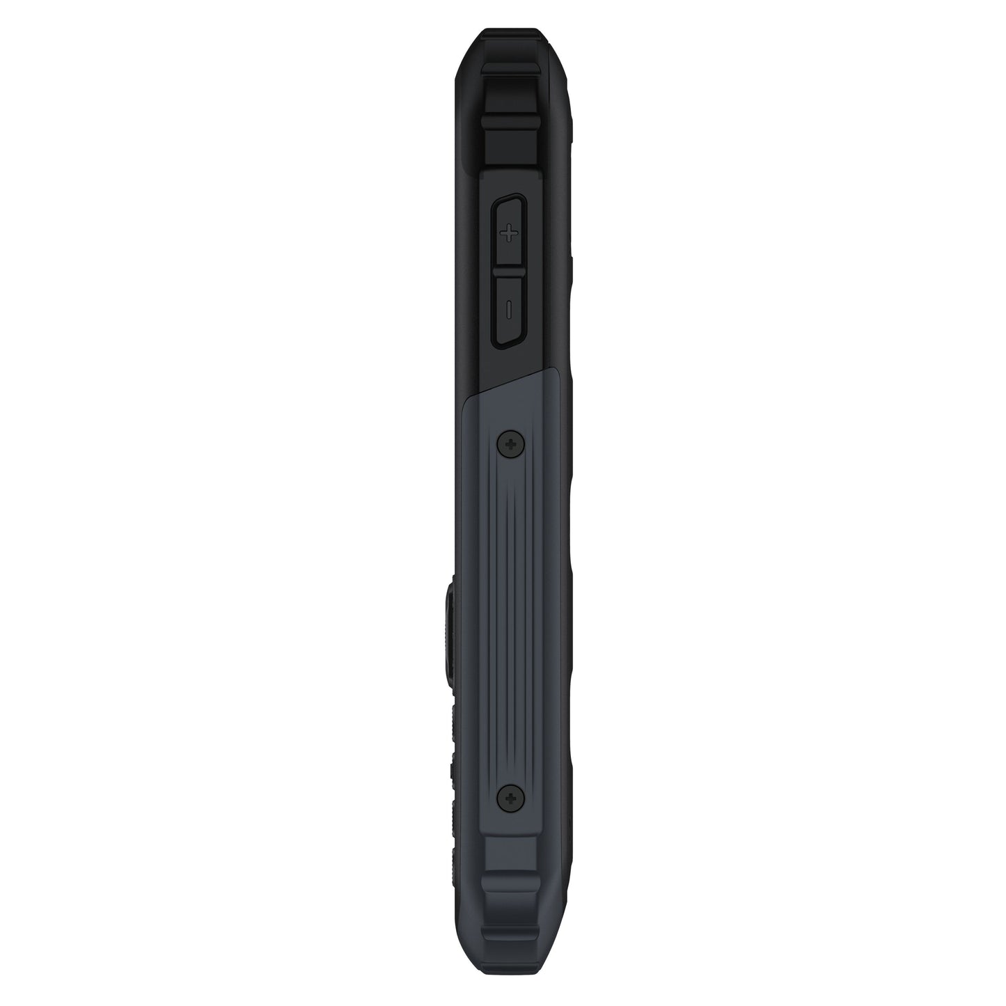 TCL Onetouch 5044 4G mobil, side, sort, tekstureret greb, to knapper og to synlige skruer på kanten.