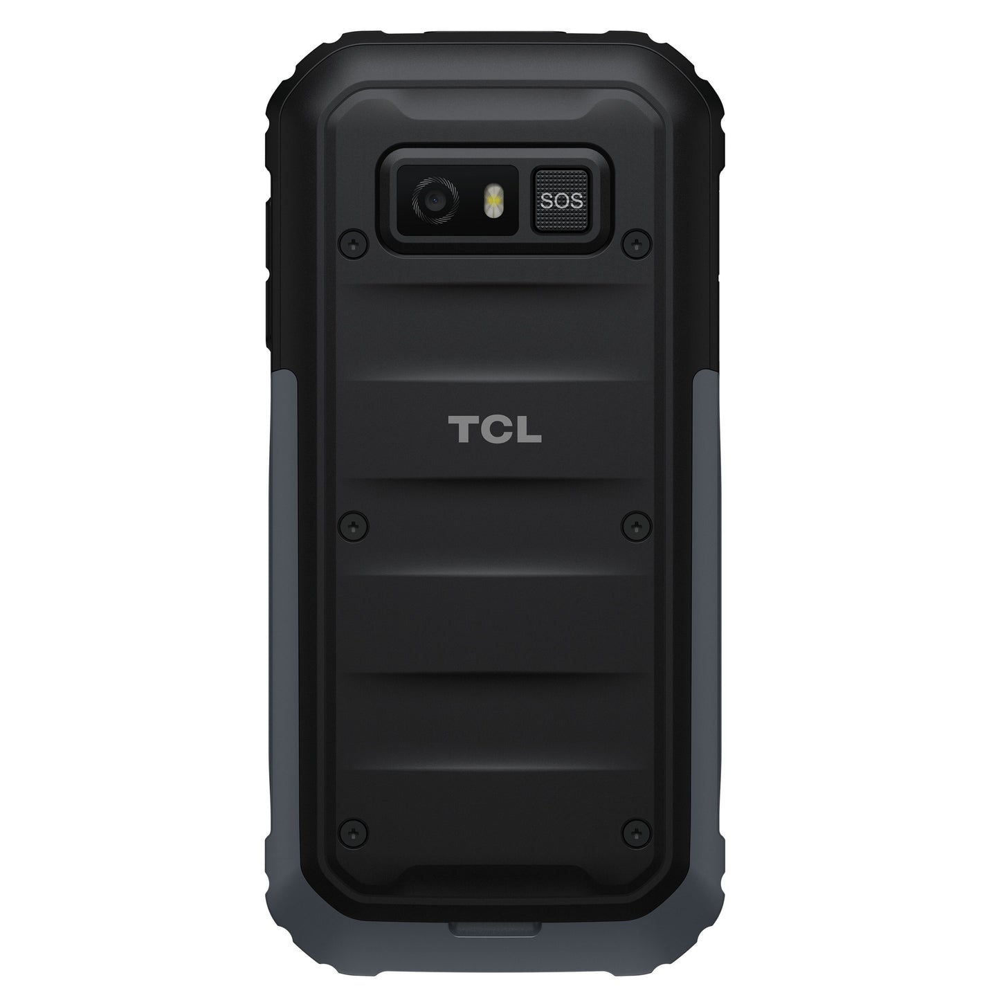 TCL Onetouch 5044 robust 4G mobil, bagside med tekstur, kamera, blitz, SOS-knap og forstærkede sider.