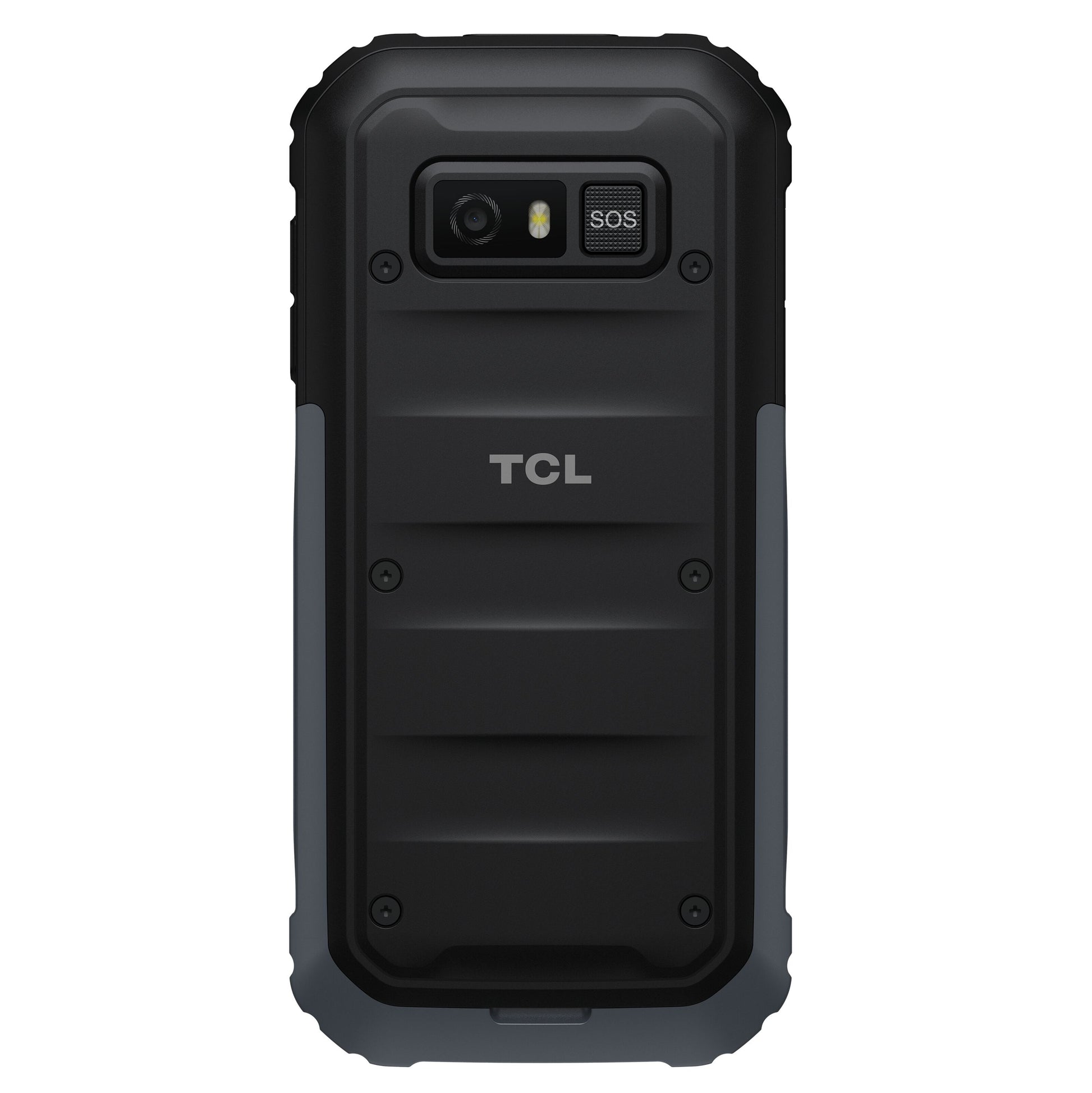 TCL Onetouch 5044 robust 4G mobil, bagside med tekstur, kamera, blitz, SOS-knap og forstærkede sider.