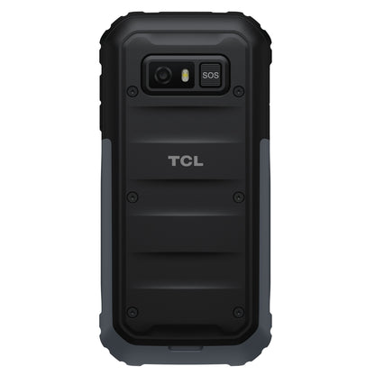 TCL Onetouch 5044 robust 4G mobil, bagside med tekstur, kamera, blitz, SOS-knap og forstærkede sider.