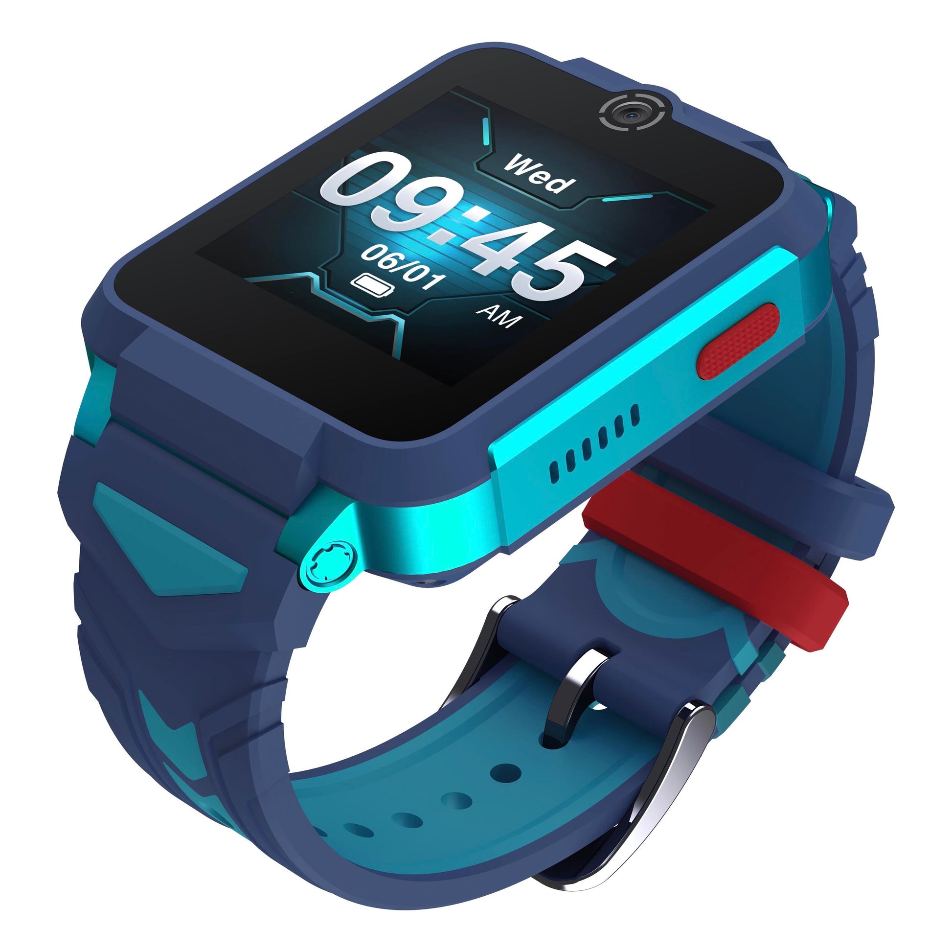 TCL Børneur MT42X blå, digital børnesmartwatch, gummirem, GPS, kamera over skærm, rød knap, display viser 09:45 06/01.