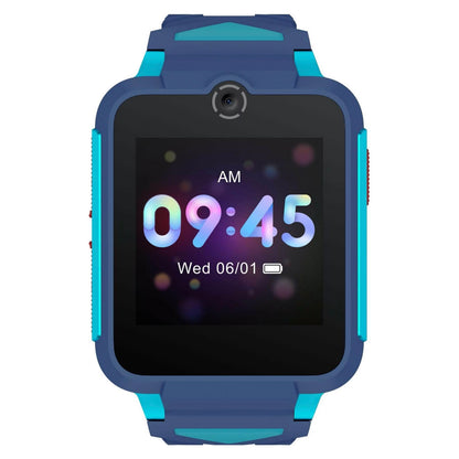 TCL Børneur MT42X blå børnesmartwatch, blå og turkis, viser klokken 09:45 onsdag 1. juni, batteriikon, kamera over skærmen.