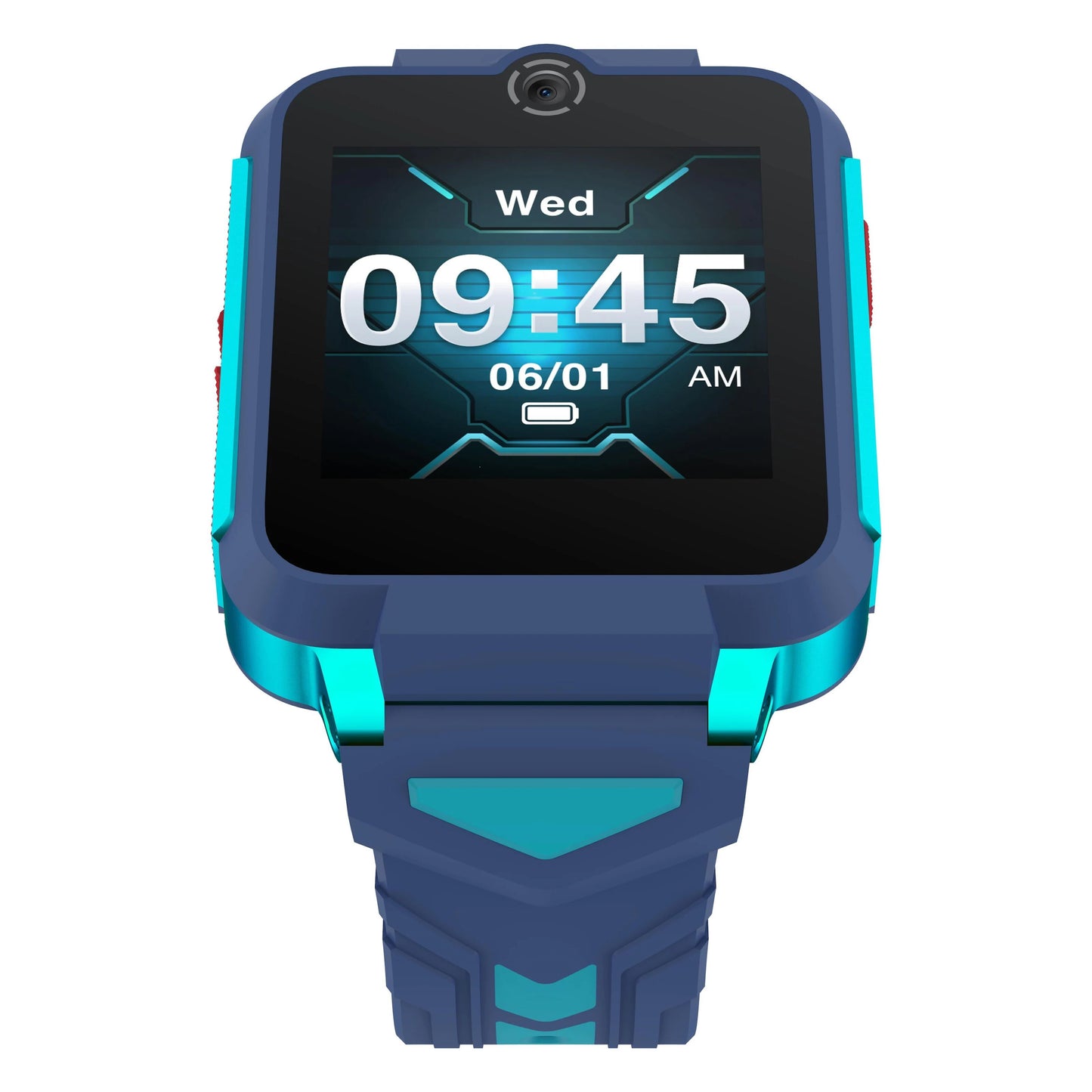 TCL Børneur MT42X blå smartwatch til børn, blå og turkis, viser 09:45 onsdag 06/01, delvist opladet batteri, geometrisk rem.