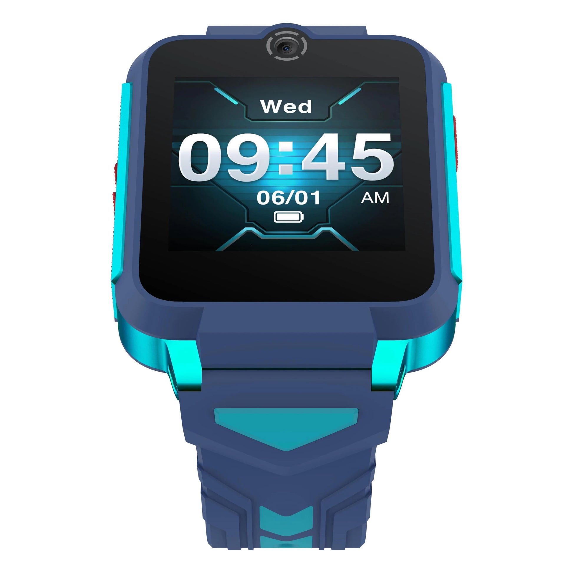 TCL Børneur MT42X blå smartwatch til børn, blå og turkis, viser 09:45 onsdag 06/01, delvist opladet batteri, geometrisk rem.