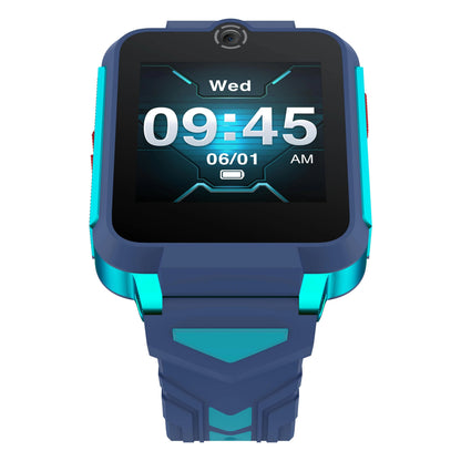 TCL Børneur MT42X blå smartwatch til børn, blå og turkis, viser 09:45 onsdag 06/01, delvist opladet batteri, geometrisk rem.