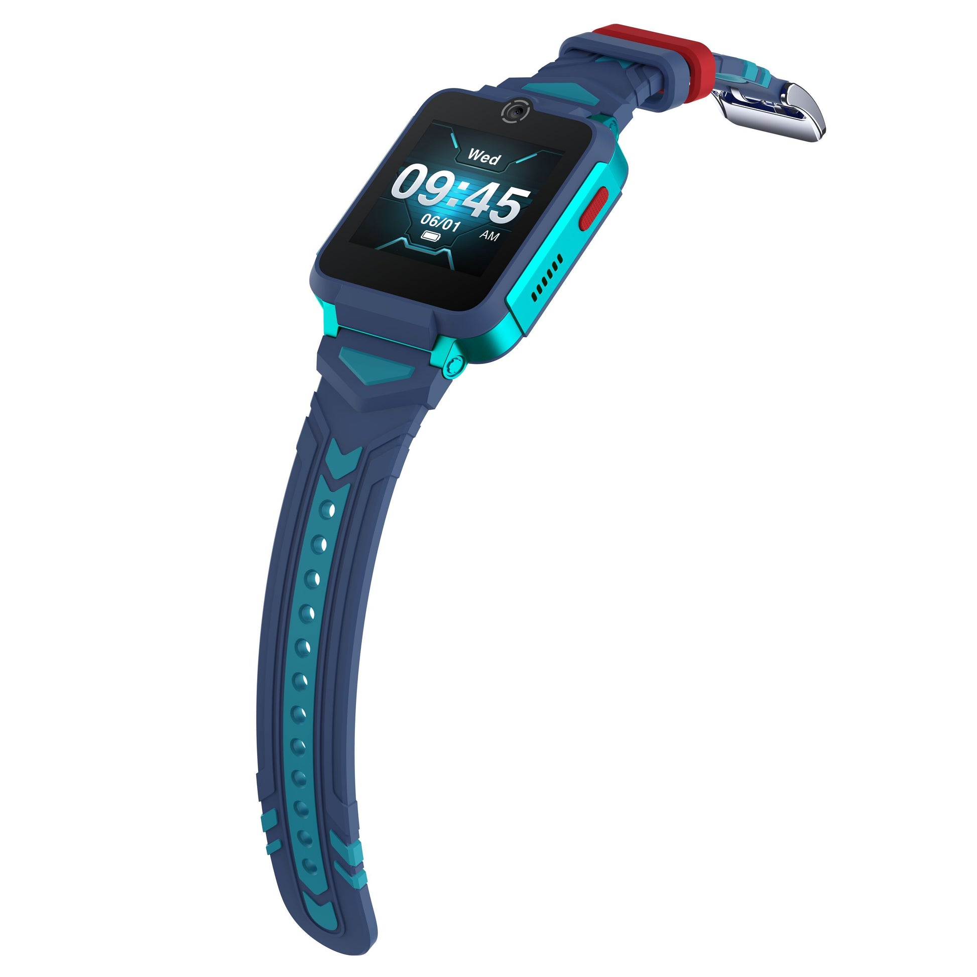 TCL Børneur MT42X blå børne-smartwatch, mørkeblå/teal med rød detalje, display viser 09:45, GPS og batteri.