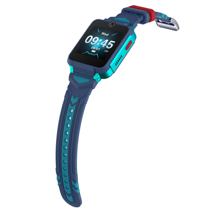 TCL Børneur MT42X blå børne-smartwatch, mørkeblå/teal med rød detalje, display viser 09:45, GPS og batteri.