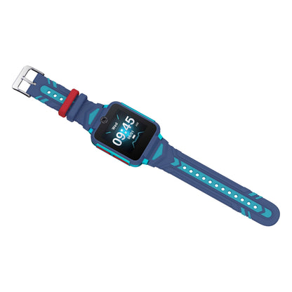 TCL Børneur MT42X blå børnesmartwatch, rektangulær skærm med 09:45, batteriikon, hvaltegning, stribet rem, GPS-position.
