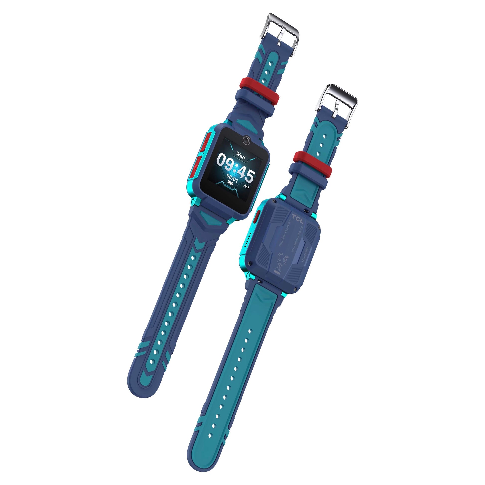 TCL Børneur MT42X smartwatch blå med røde detaljer, rektangulær skærm, justerbar rem, GPS-positionering, forside og bagside.