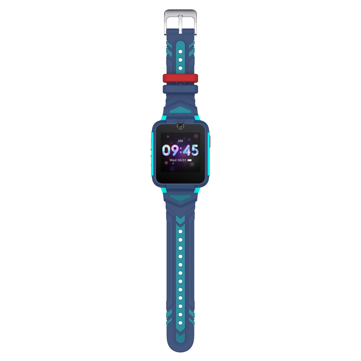 TCL Børneur MT42X blå/turkis smartwatch, rektangulær skærm 09:45, mønstret rem, rød spænde, GPS-positionering.