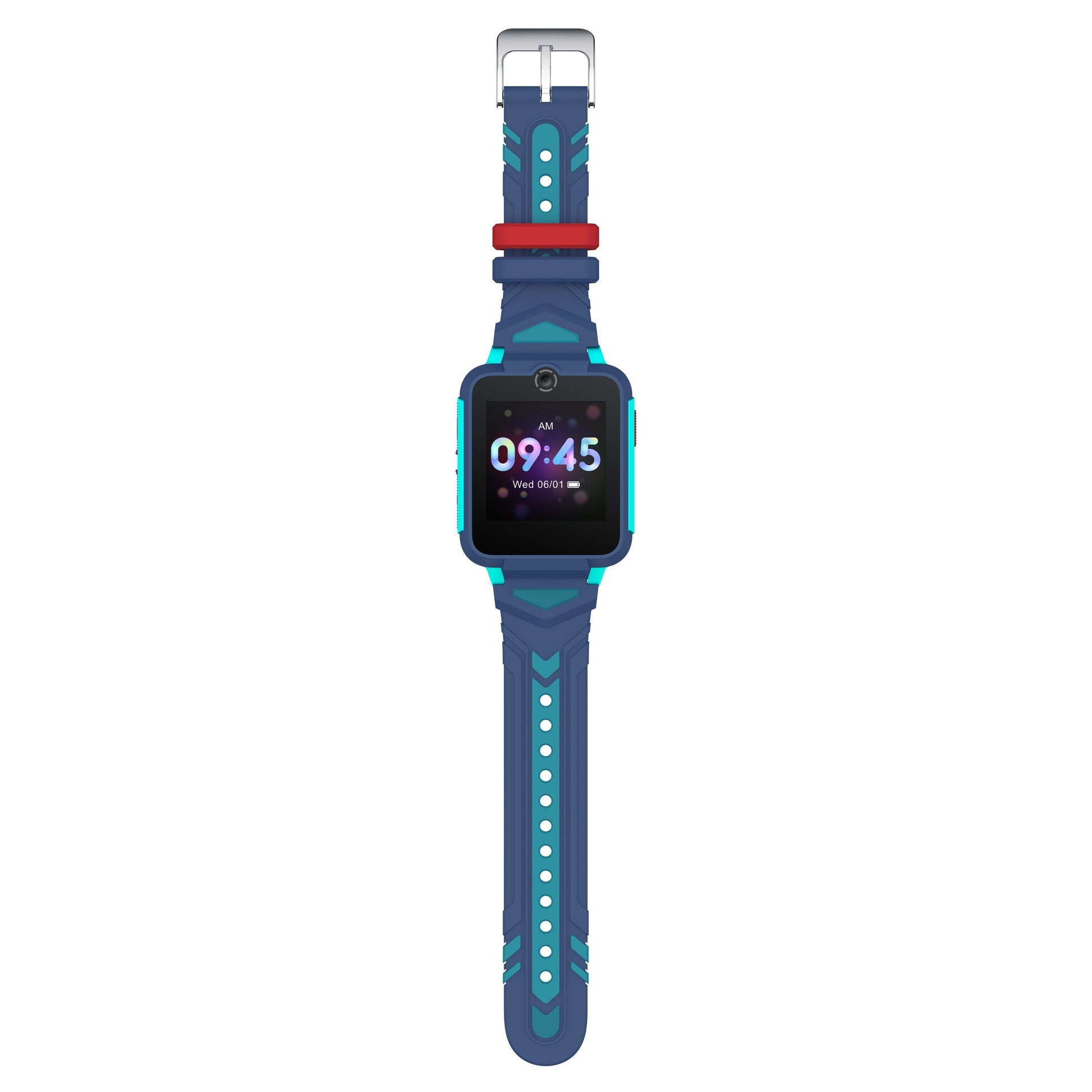 TCL Børneur MT42X blå/turkis smartwatch, rektangulær skærm 09:45, mønstret rem, rød spænde, GPS-positionering.