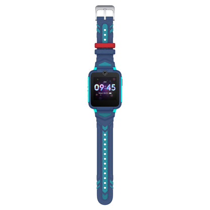 TCL Børneur MT42X blå/turkis smartwatch, rektangulær skærm 09:45, mønstret rem, rød spænde, GPS-positionering.
