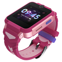 TCL børnesmartwatch MT42X lyserød med farverig tidsvisning, kamera, lilla knap og GPS-positionering.