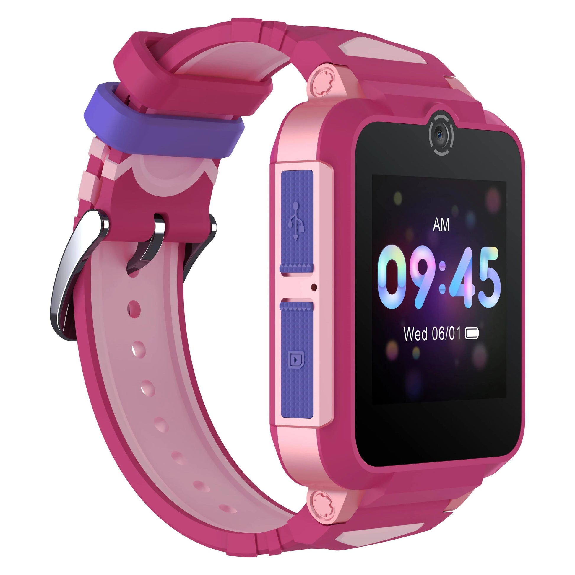 TCL Børneur MT42X børne-smartwatch lyserød/lilla med kamera, USB-port, display 09:45 06/01 og justerbar silikonerem.