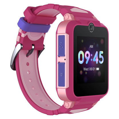 TCL Børneur MT42X børne-smartwatch lyserød/lilla med kamera, USB-port, display 09:45 06/01 og justerbar silikonerem.