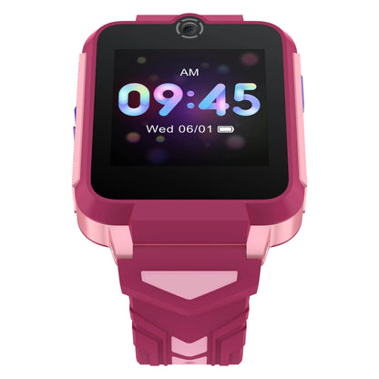 TCL Børneur MT42X lyserød smartwatch til børn viser 09:45, 06/01, batteriikon og GPS på firkantet skærm med kantet rem.