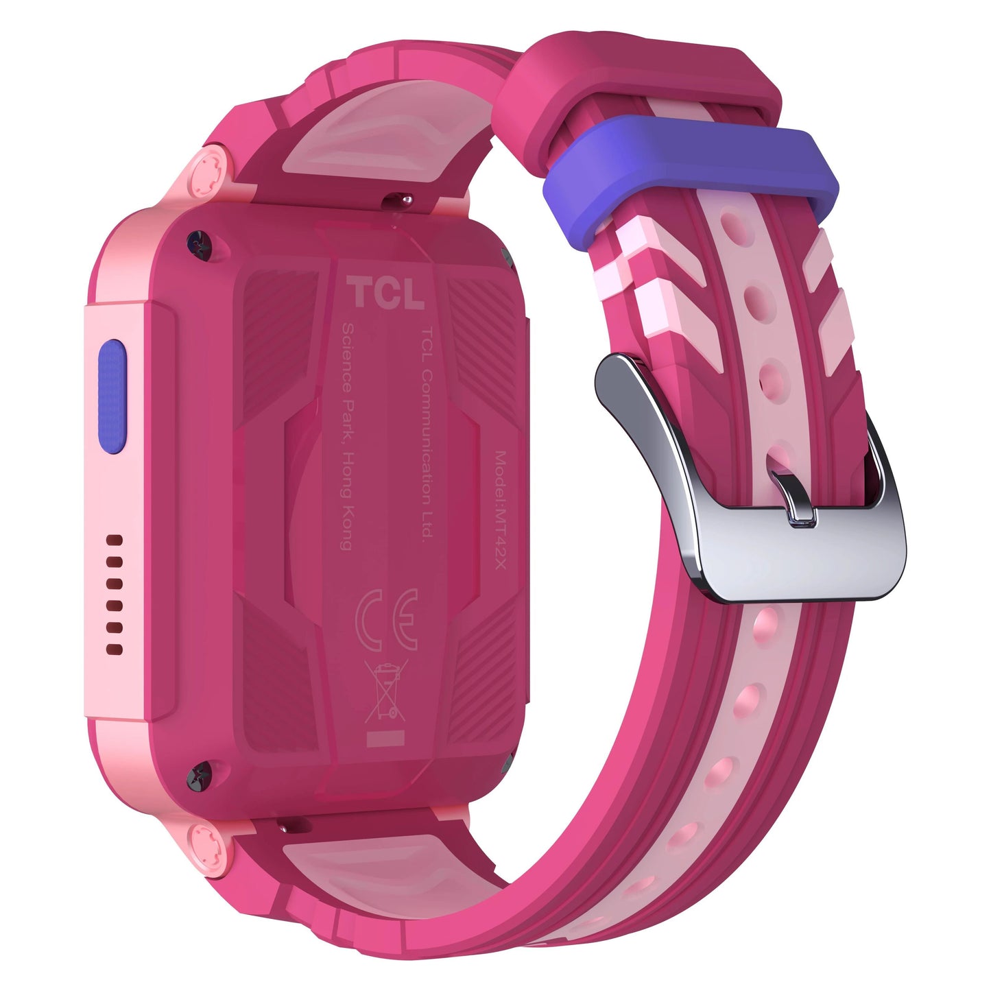 TCL Børneur MT42X børnesmartwatch lyserød, GPS, justerbar pink/lilla silikonerem med metalspænde, TCL logo og info bagpå.