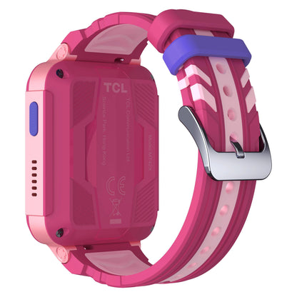 TCL Børneur MT42X børnesmartwatch lyserød, GPS, justerbar pink/lilla silikonerem med metalspænde, TCL logo og info bagpå.
