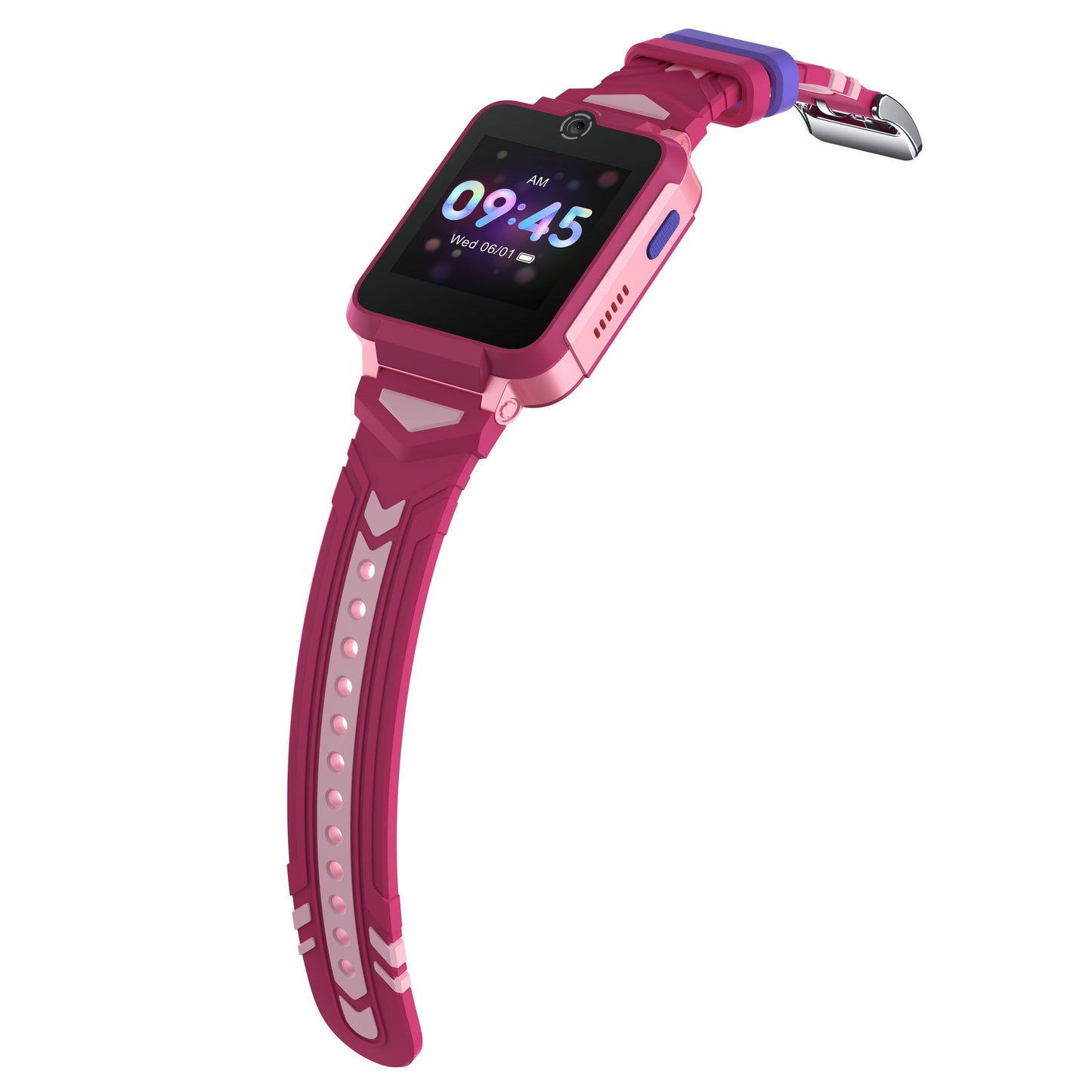 TCL Børneur MT42X smartwatch til børn i lyserød/lilla med buet rem, sølv spænde, sort display 09:45, ikoner og GPS-position.