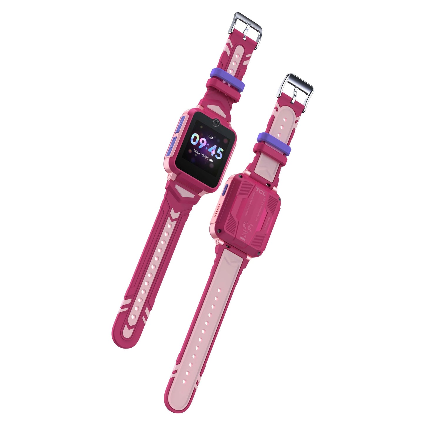 TCL Børneur MT42X smartwatch lyserød, rektangulær skærm, tyk remme, vises for/bagside, GPS-positionering, tid 09:45.