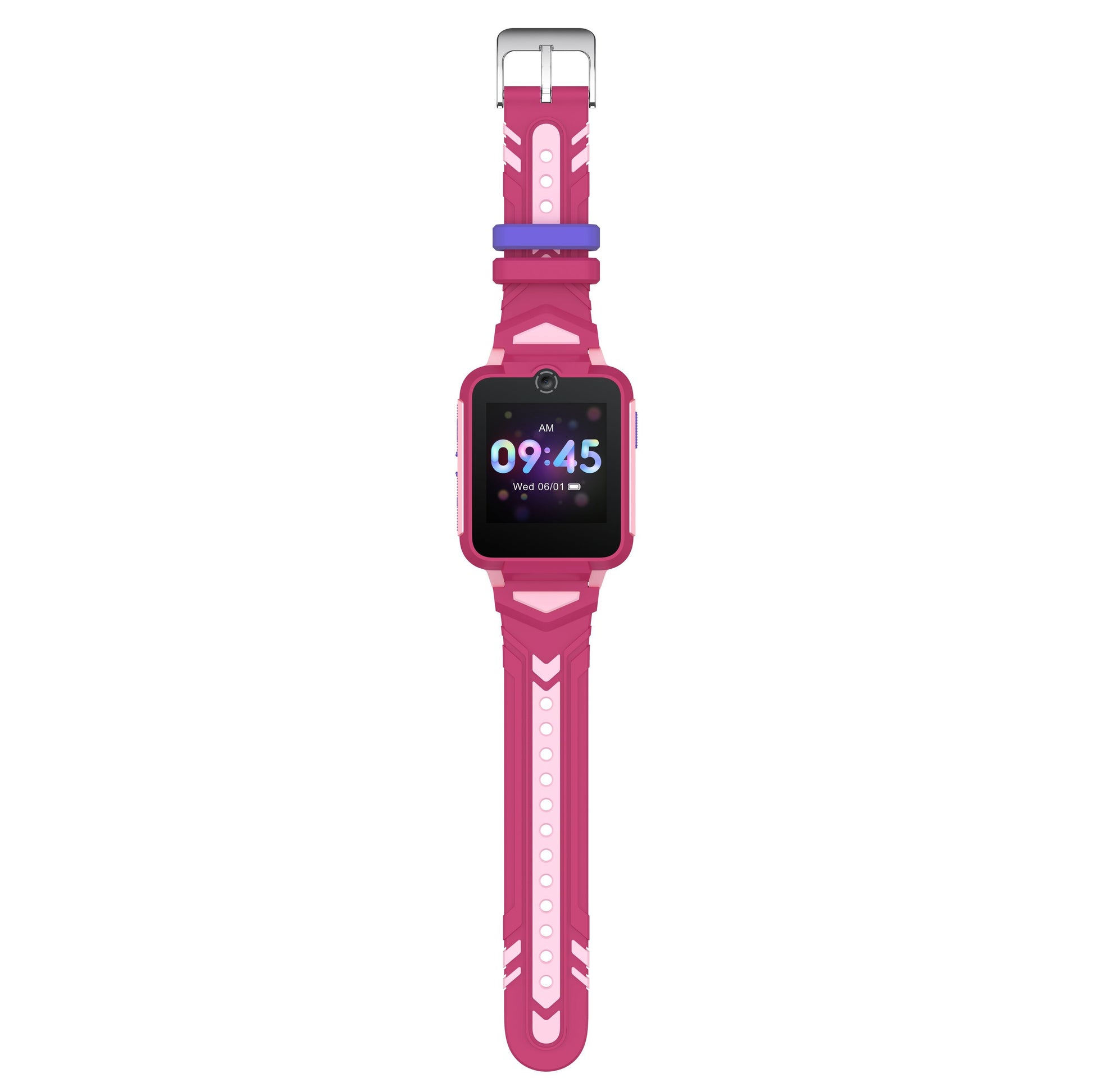 TCL Børneur MT42X pink/lilla smartwatch til børn rektangulær skærm GPS gummirem justerbare huller sølvspænde.