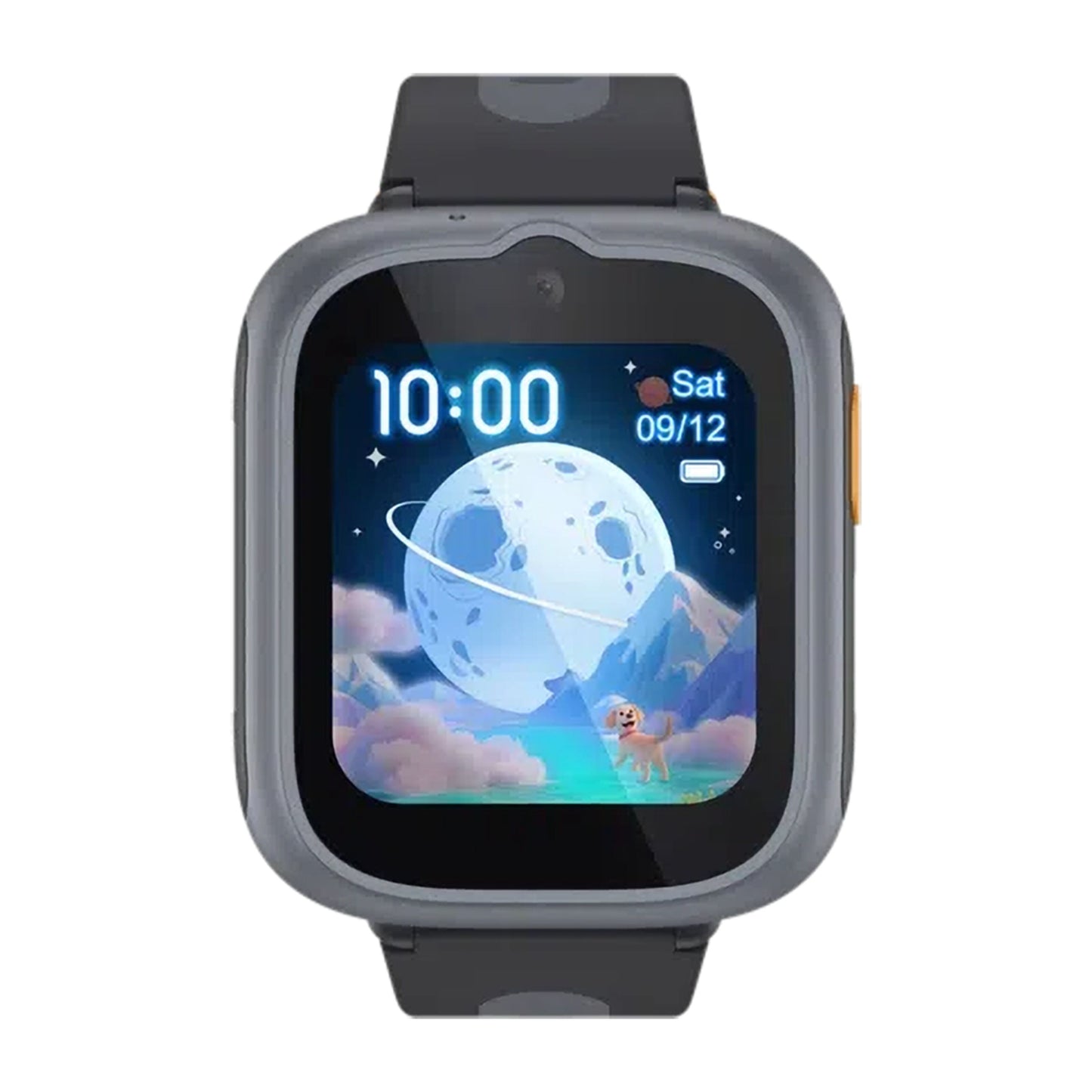 TCL Movetime MT48 børnesmartur grå, animeret måne-hunde urskive, frontkamera, orange knap, sort silikonerem, GPS.