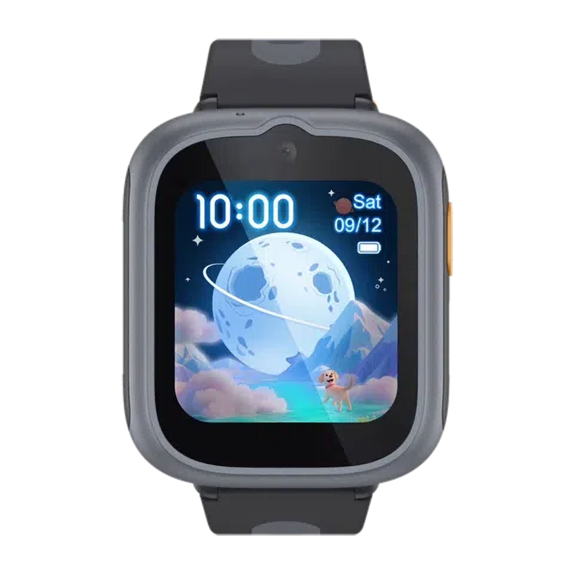 TCL Movetime MT48 børnesmartur grå, animeret måne-hunde urskive, frontkamera, orange knap, sort silikonerem, GPS.