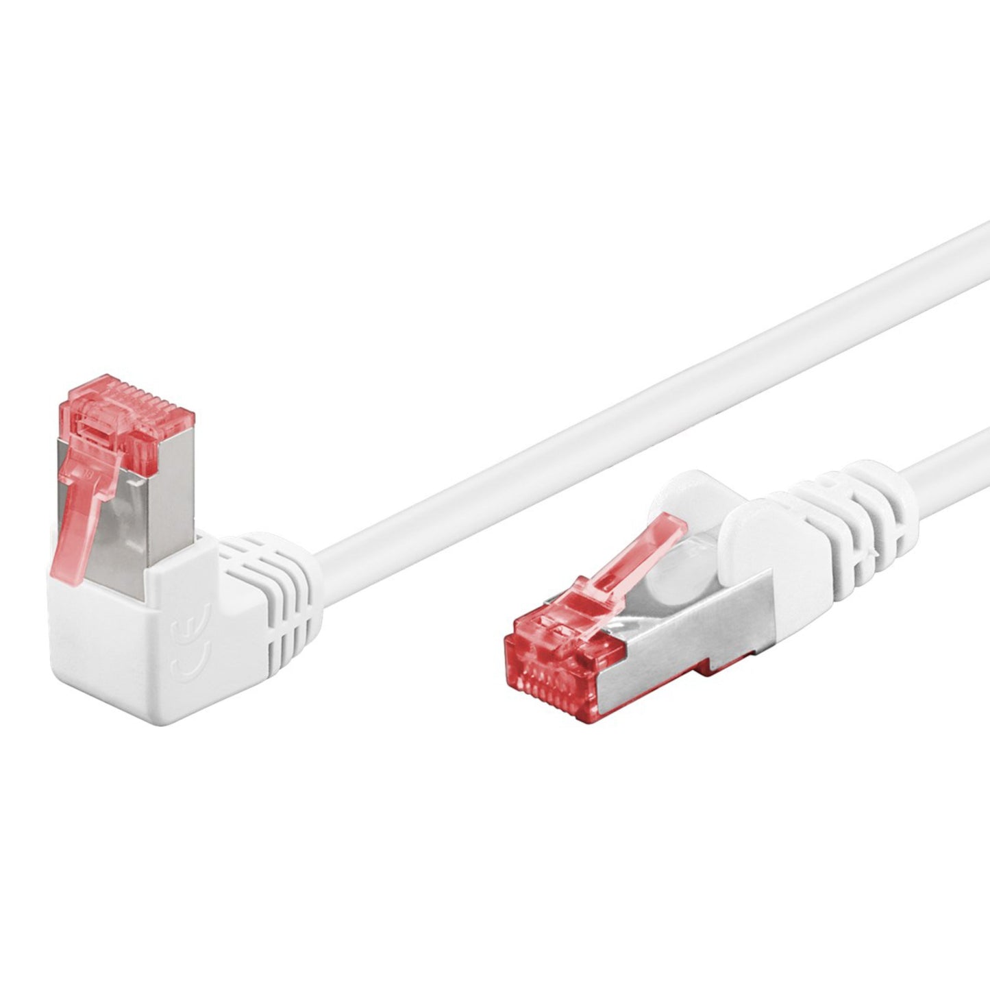 S/FTP-netværkskabel Cat.6 0,5 m med én lige og én vinklet RJ45-stik, røde clips og metalafskærmning.