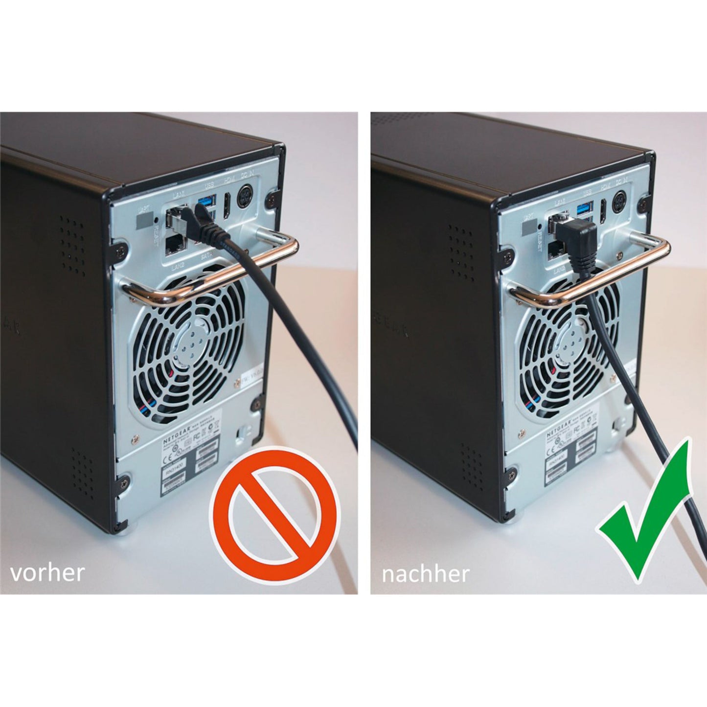 Til pc-bagsider: venstre med forkert RJ45-kabel, højre korrekt Goobay Vinklet S/FTP Cat. 6 kabler 0,5 m, "vorher/nachher.