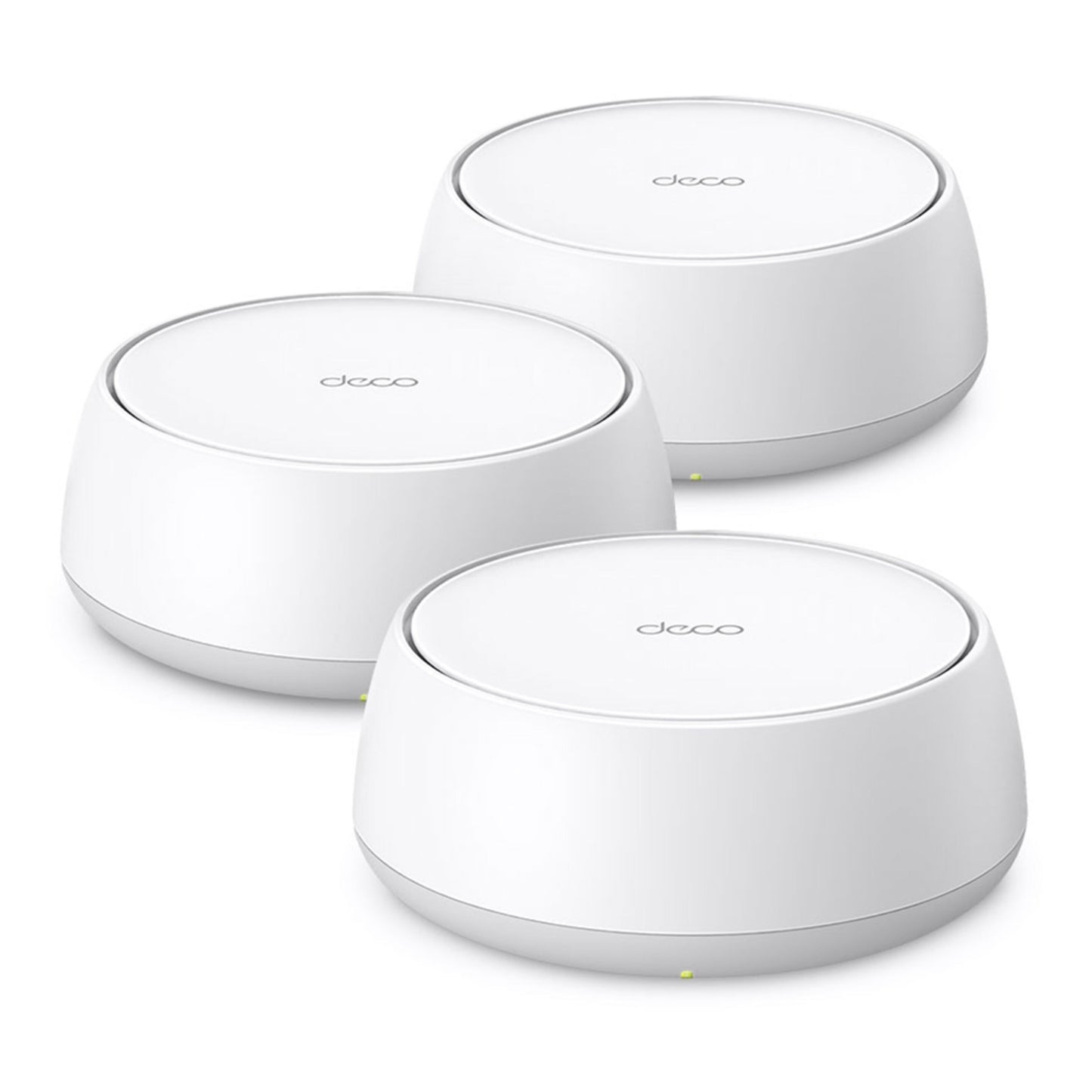 TP-Link Deco BE22 Mesh-system Wifi 7 BE3600, tre hvide runde routere med LED-indikatorer arrangeret i trekant.