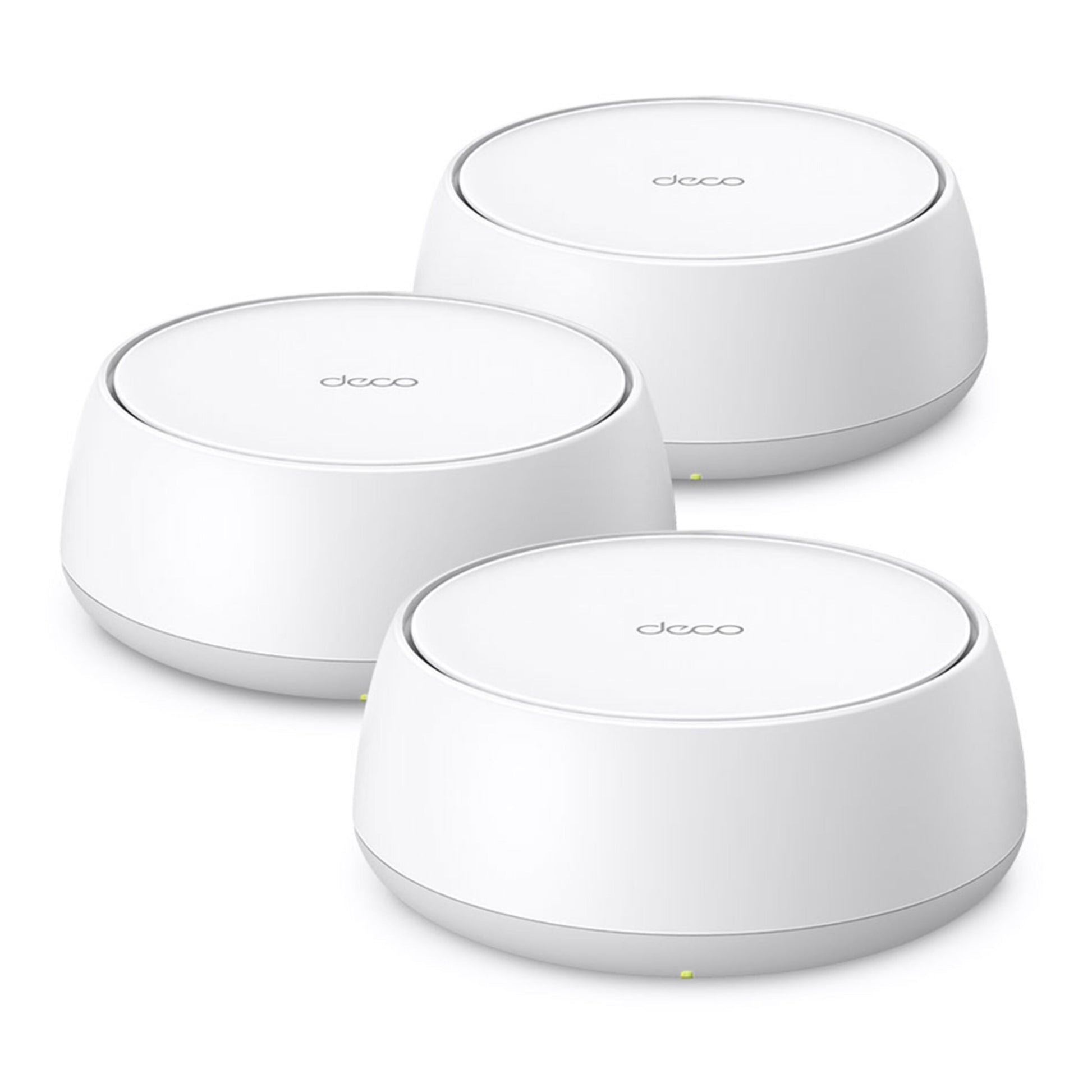 TP-Link Deco BE22 Mesh-system Wifi 7 BE3600, tre hvide runde routere med LED-indikatorer arrangeret i trekant.