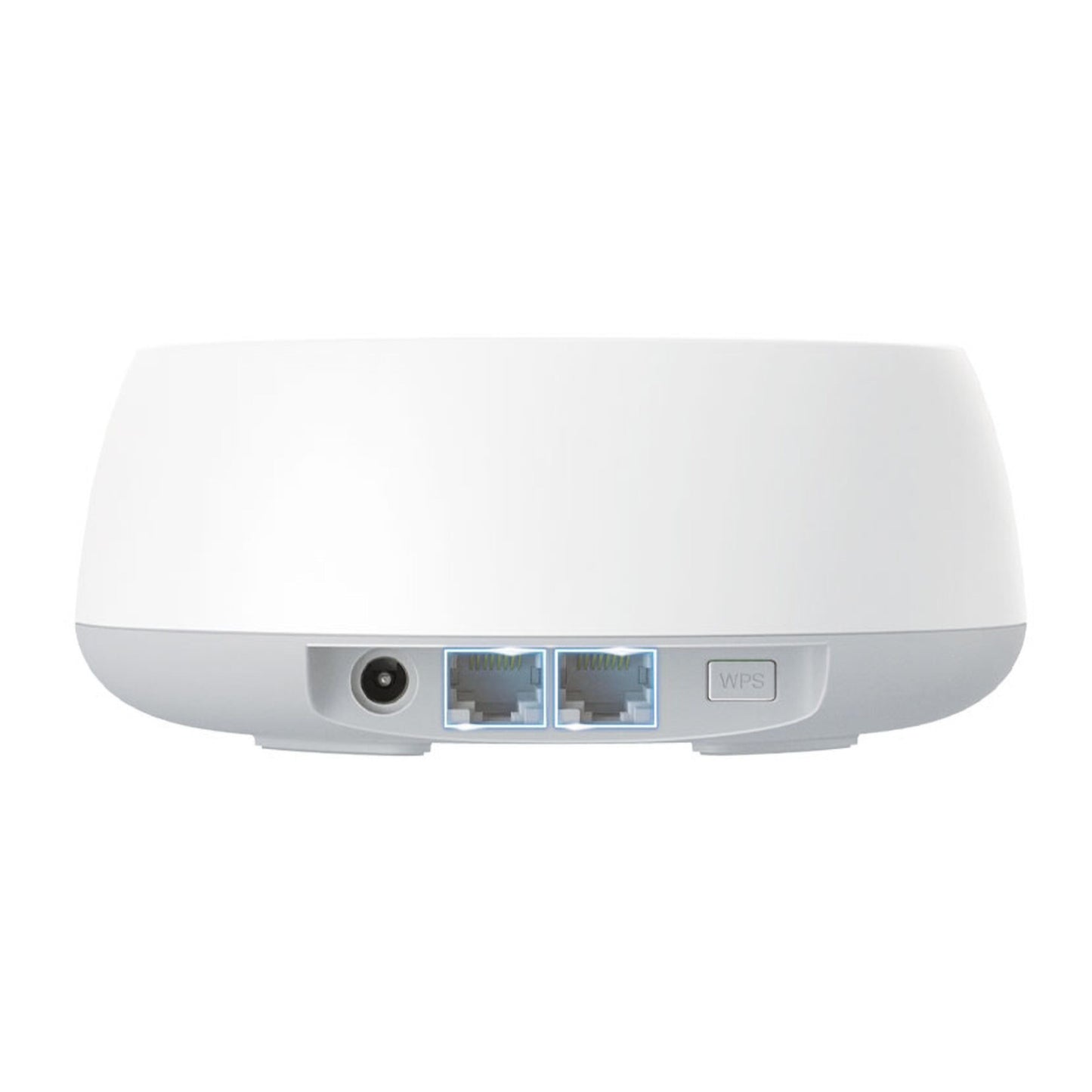 TP-Link Deco BE22 Mesh WiFi 7 BE3600 bagfra med strømport, 2 Ethernet-porte og WPS-knap.