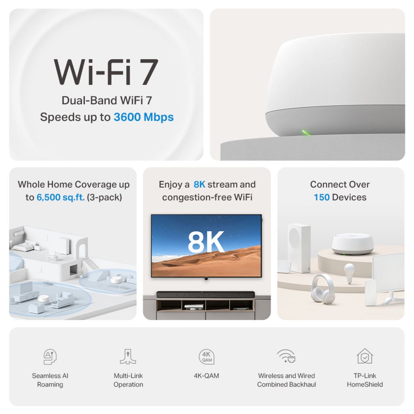 TP-Link Deco BE22 Mesh Wifi 7 BE3600 op til 3600 Mbps dækning 6500 sq.ft. understøttelse af 8K-streaming og over 150 enheder.