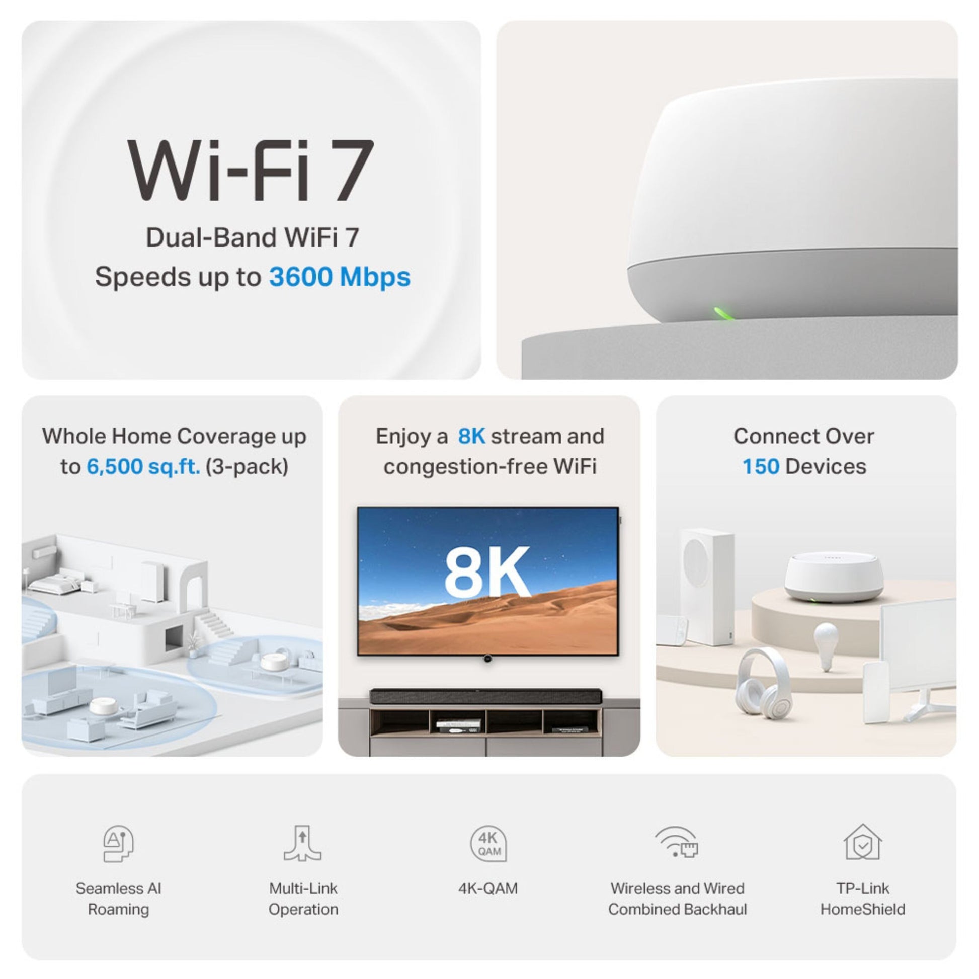 TP-Link Deco BE22 Mesh Wifi 7 BE3600 op til 3600 Mbps dækning 6500 sq.ft. understøttelse af 8K-streaming og over 150 enheder.
