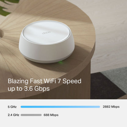 TP-Link Deco BE22 Mesh WiFi 7 BE3600, op til 3,6 Gbps, 5 GHz: 2882 Mbps, 2,4 GHz: 688 Mbps.