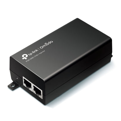 TP-Link Omada POE+ injector 30W sort med to Ethernet-porte mærket PoE IN og PoE OUT.