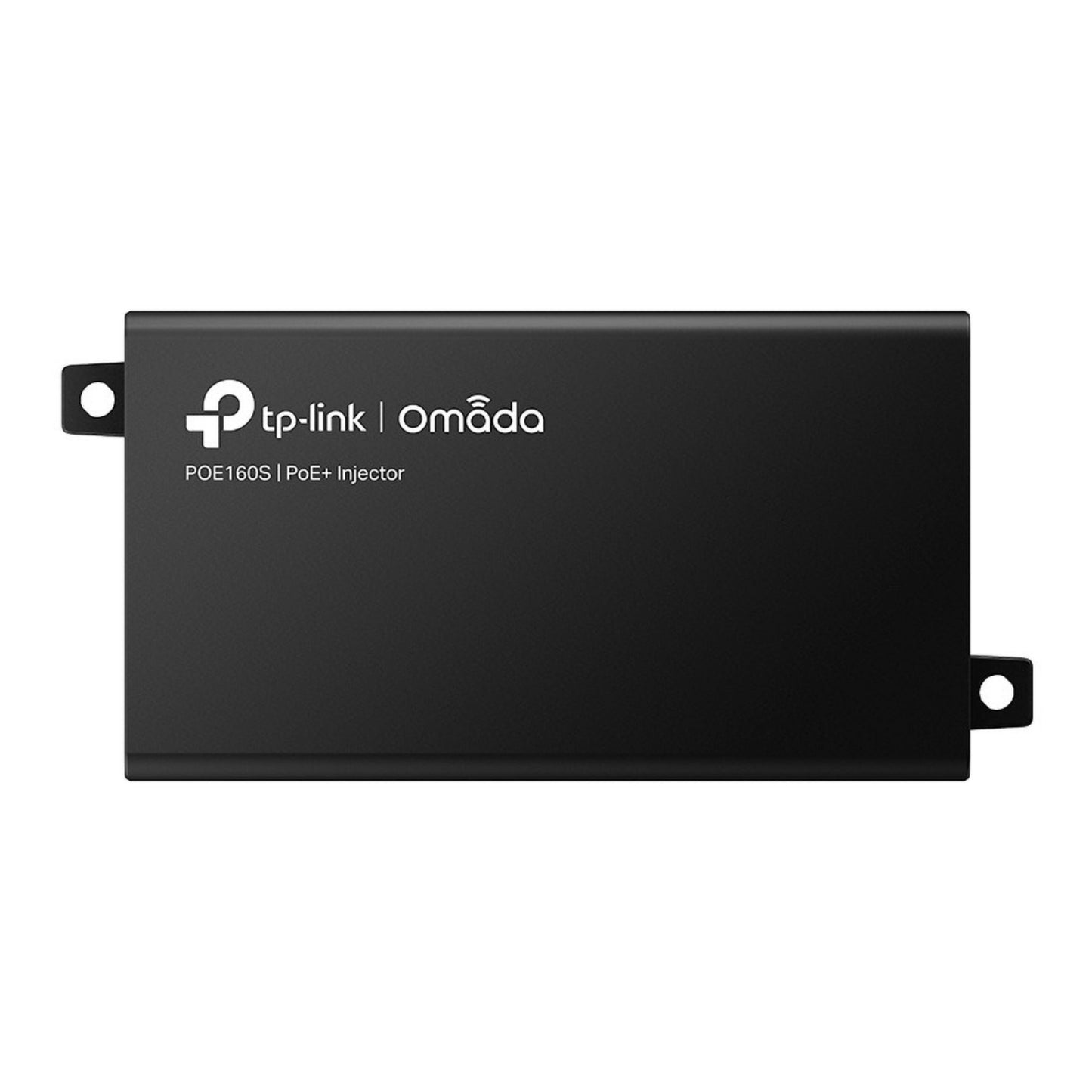 Tp-Link Omada POE+ injector 30W sort, rektangulær med monteringsflanger på siderne og hvidt Tp-Link logo på toppen.