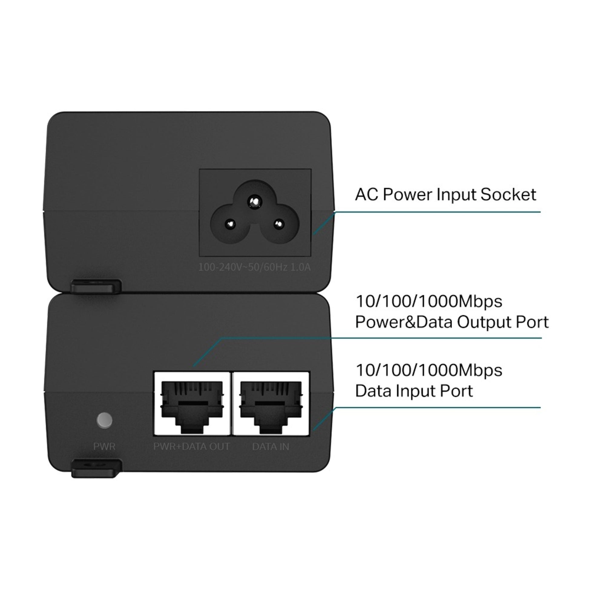 TP-Link Omada POE+ injektor 30W sort, AC-strømstik øverst, til ethernetporte nederst, 10/100/1000 Mbps.