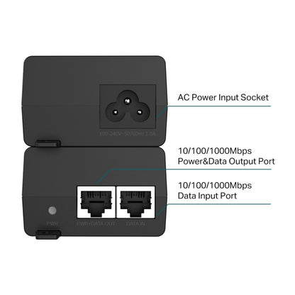 TP-Link Omada POE+ injektor 30W sort, AC-strømstik øverst, til ethernetporte nederst, 10/100/1000 Mbps.