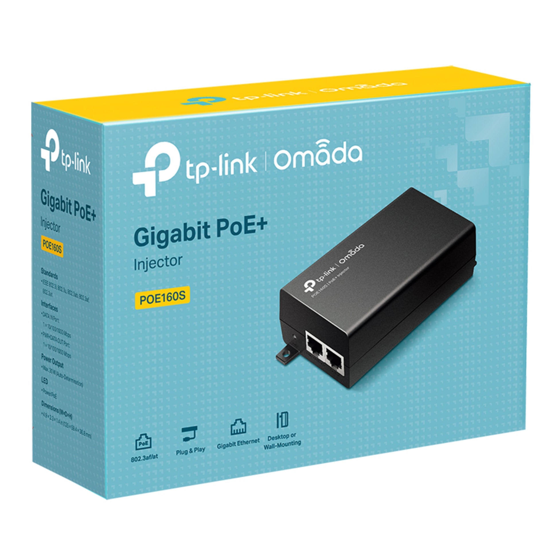 TP-Link Omada POE+ injector 30W sort med blå og gul æske, produktnavn og nøglefunktioner synlige på emballagen.