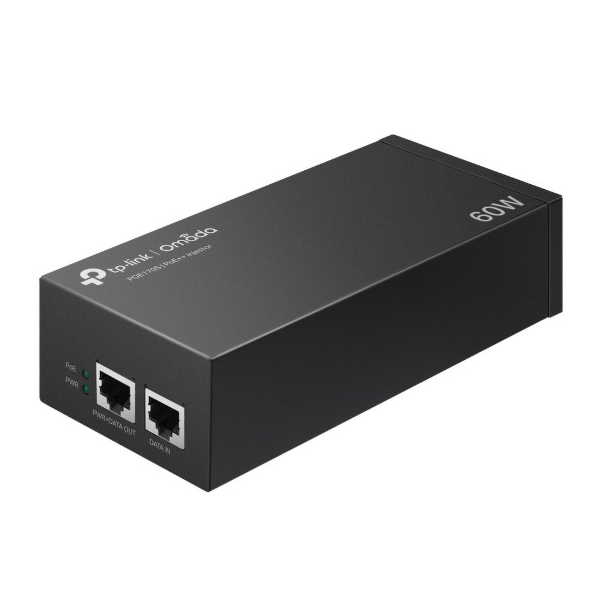 TP-Link Omada POE++-injektor 60W til gigabit-netværk, til RJ45-porte, PoE og PWR LED-indikatorer på fronten.