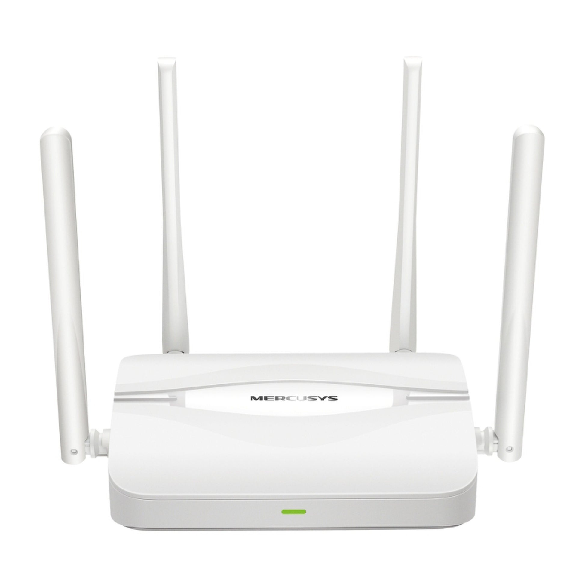 Mercusys MR25WBE Wifi 7-router hvid, fire antenner, grøn frontindikator, Dual Band BE3600, EasyMesh support.