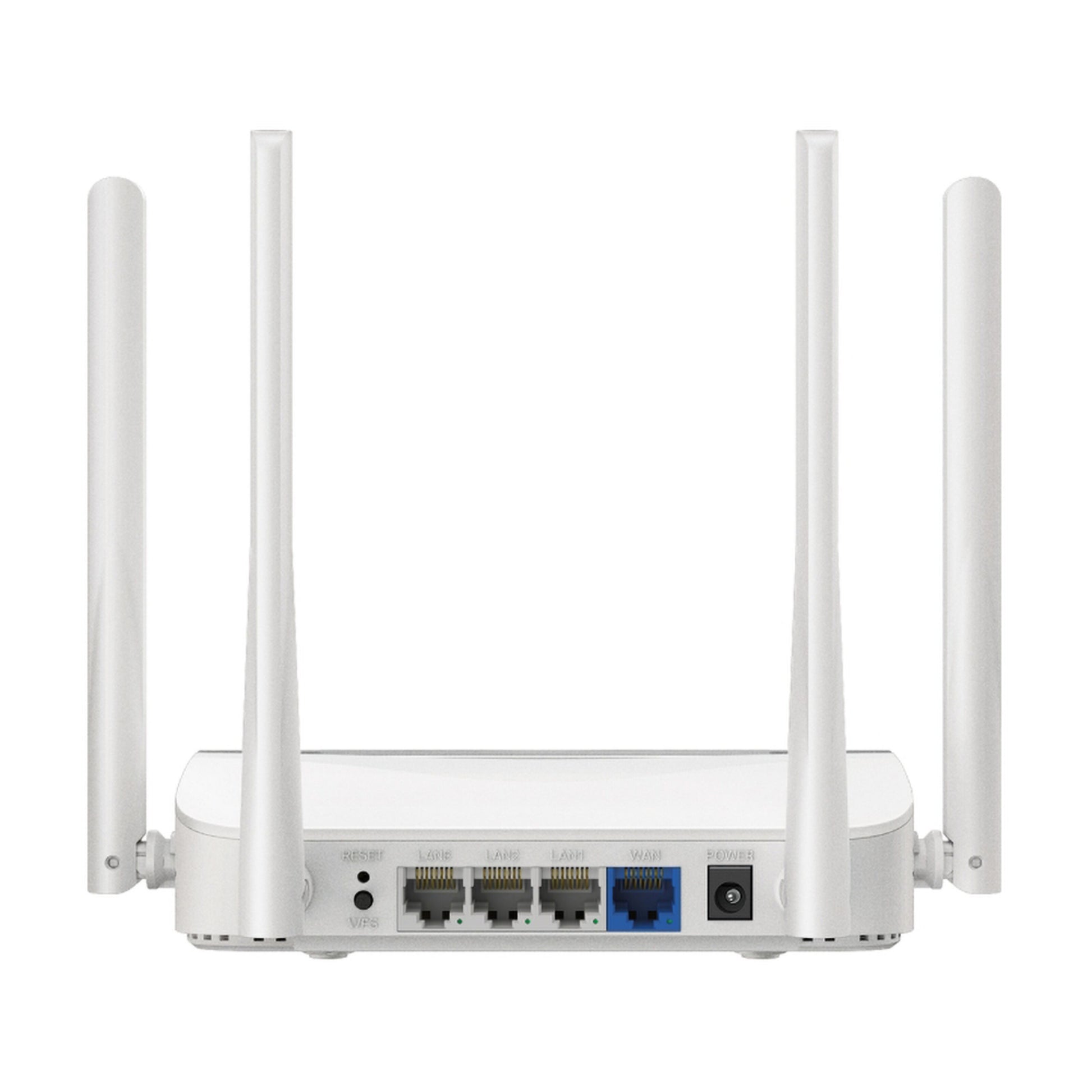 Mercusys MR25WBE Dual Band BE3600 WiFi 7-router med fire antenner og bagpanel med LAN, WAN, power, reset og WPS porte.