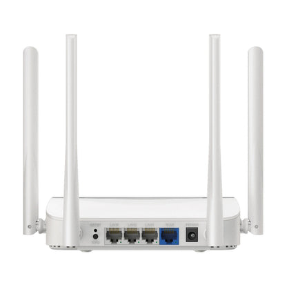 Mercusys MR25WBE Dual Band BE3600 WiFi 7-router med fire antenner og bagpanel med LAN, WAN, power, reset og WPS porte.