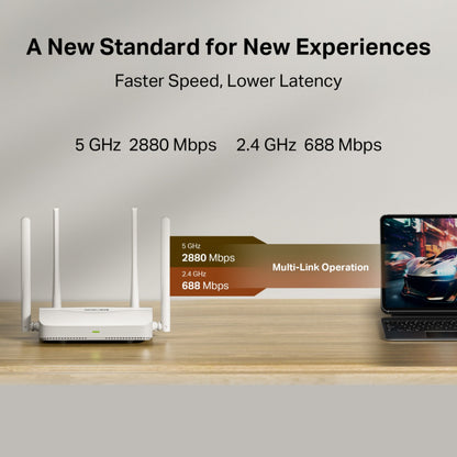 Mercusys MR25WBE BE3600 WiFi 7-router, dual band, 5 GHz op til 2880 Mbps, 2,4 GHz op til 688 Mbps, EasyMesh-understøttelse.