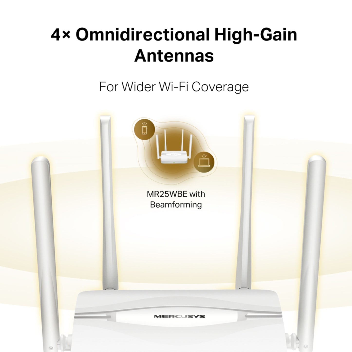 Mercusys MR25WBE Dual Band BE3600 WiFi 7-router hvid med 4 omnidirektionelle antenner, beamforming- og EasyMesh ikoner.