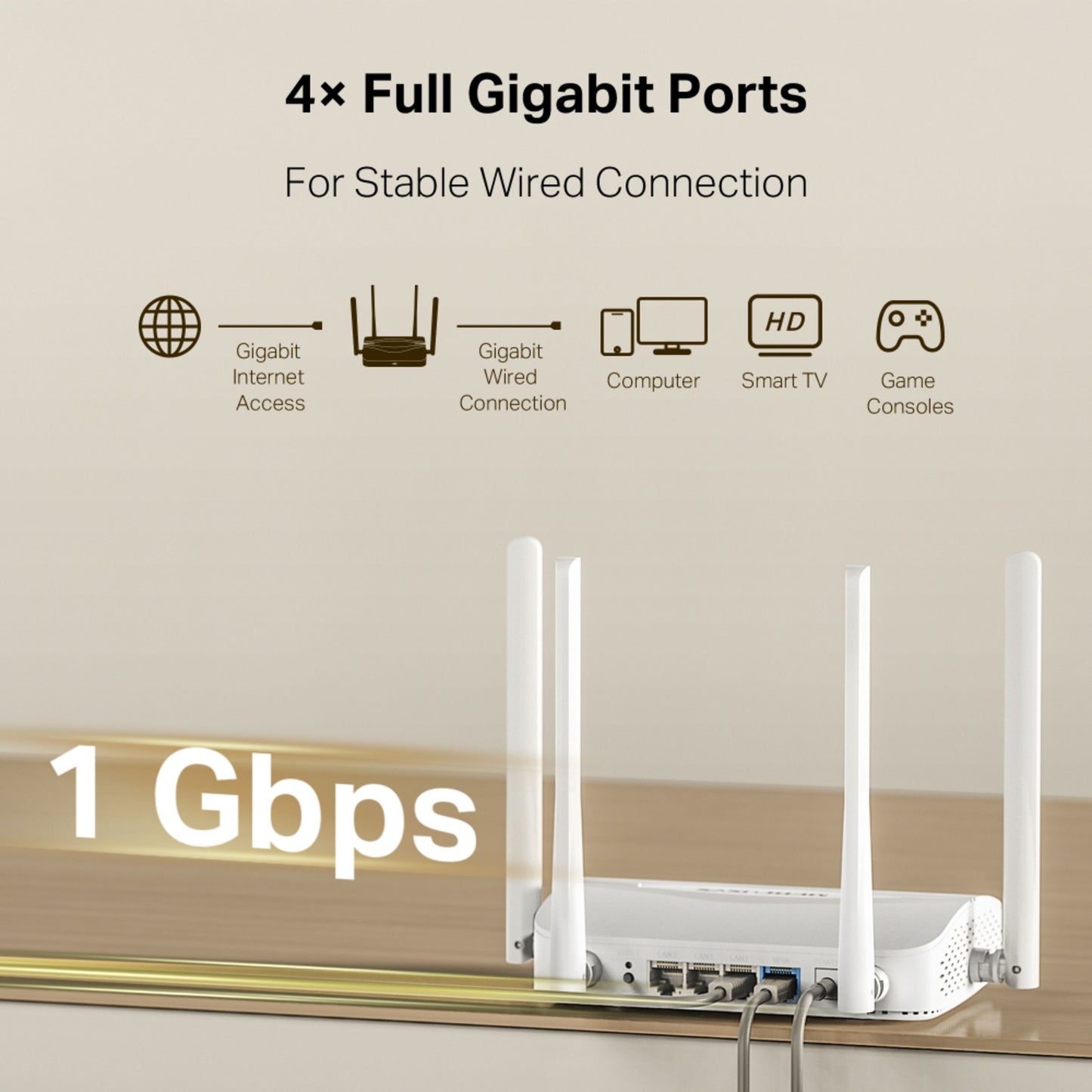Mercusys MR25WBE Dual Band BE3600 WiFi 7-router med 4 antenner, 4 ethernetkabler, 4× gigabit porte, EasyMesh.